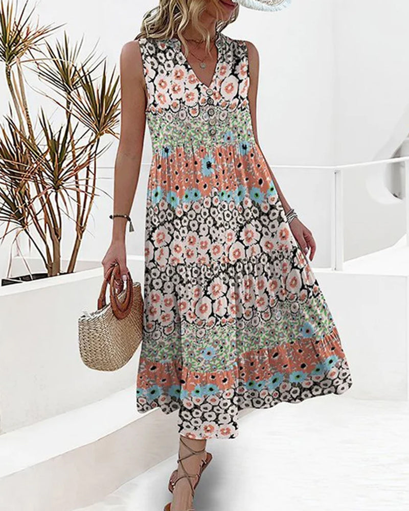 Robe mi-longue sans manches à imprimé floral