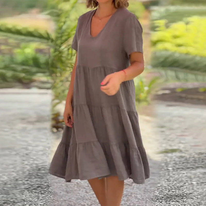 Robe unie en coton lin avec décolleté en V