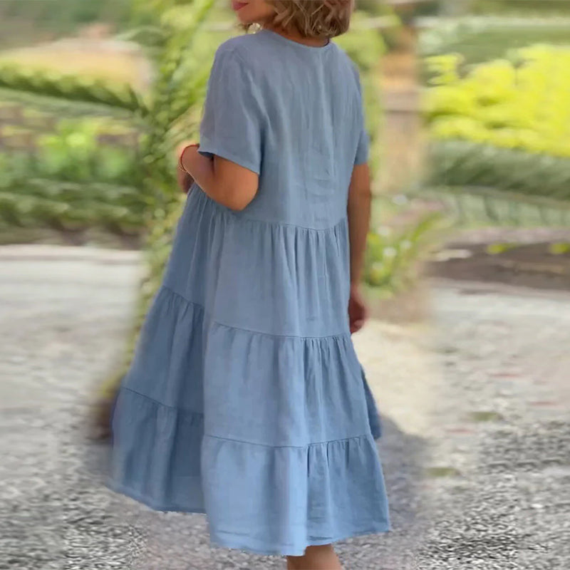 Robe unie en coton lin avec décolleté en V