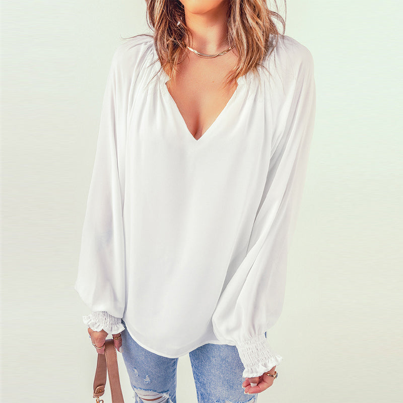 Chemise Décontractée en Mousseline de Soie à Manches Longues et à Col en V