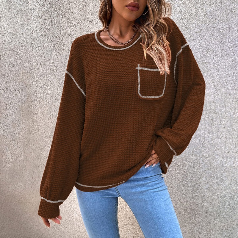 Gaufre Femme Tricot Tunique Tops Chemise à Manches Longues