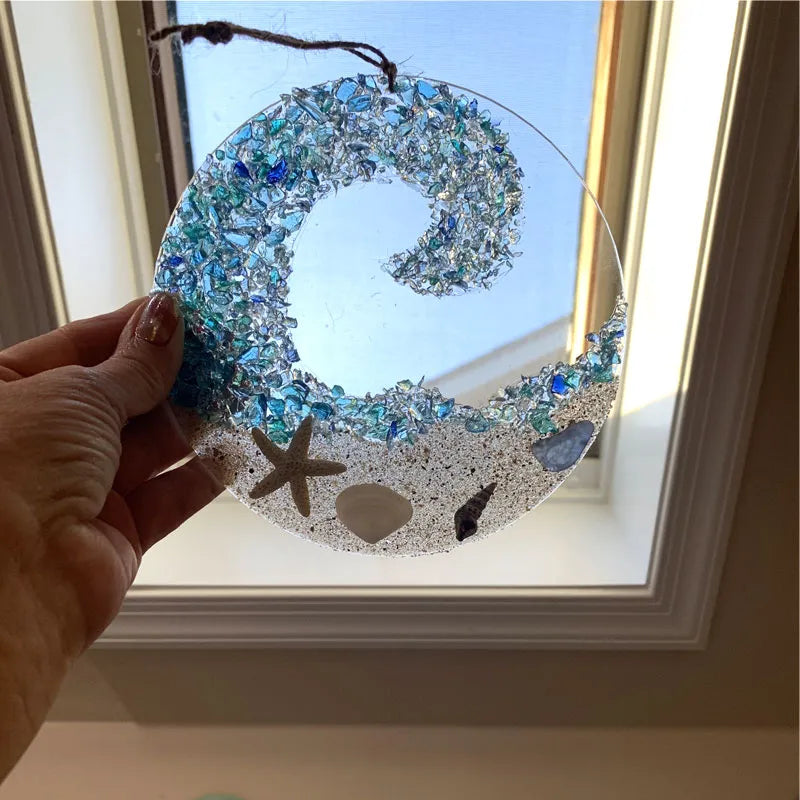 Suncatcher en verre de mer - Ornement de plage de vague de crash d’océan