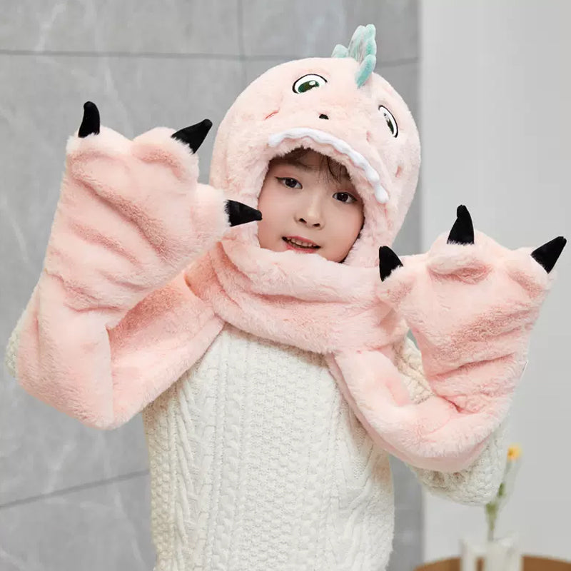Enfant en bas âge enfants dessin animé dinosaure polaire en peluche chapeau gants écharpe 3 en 1 ensemble