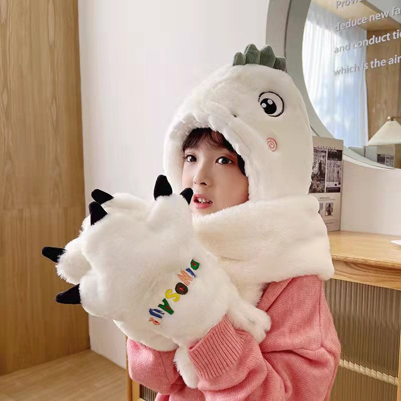 Enfant en bas âge enfants dessin animé dinosaure polaire en peluche chapeau gants écharpe 3 en 1 ensemble