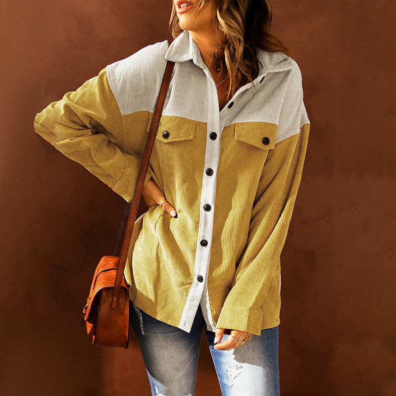 Veste de chemise décontractée à revers lâche colorblock pour dames