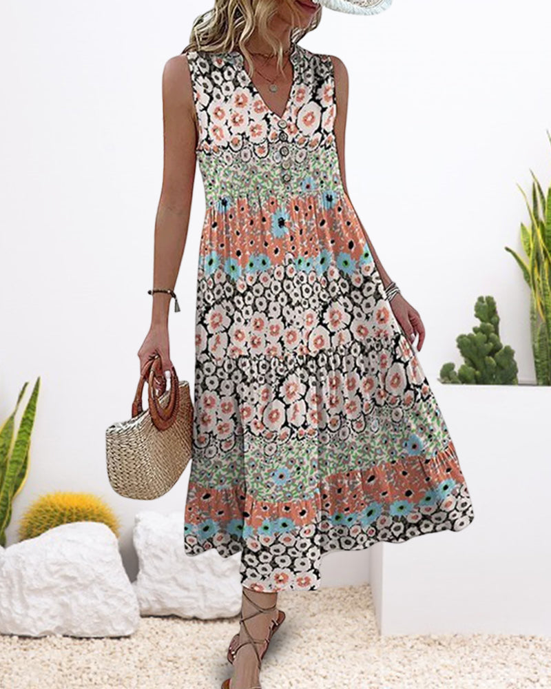 Robe mi-longue sans manches à imprimé floral