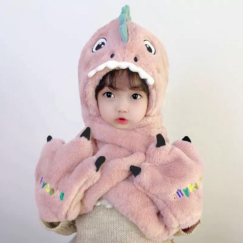 Enfant en bas âge enfants dessin animé dinosaure polaire en peluche chapeau gants écharpe 3 en 1 ensemble