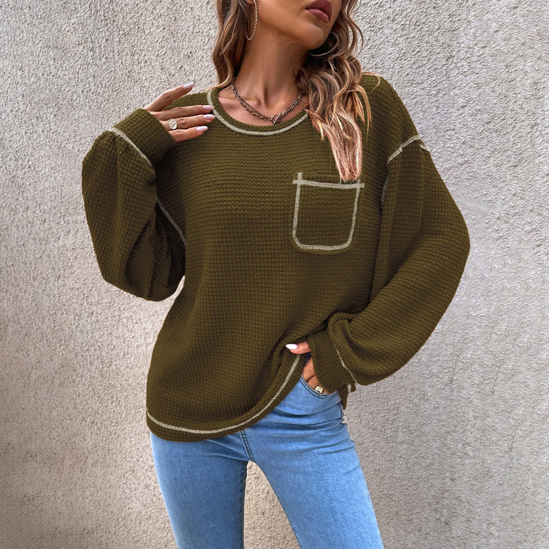 Gaufre Femme Tricot Tunique Tops Chemise à Manches Longues