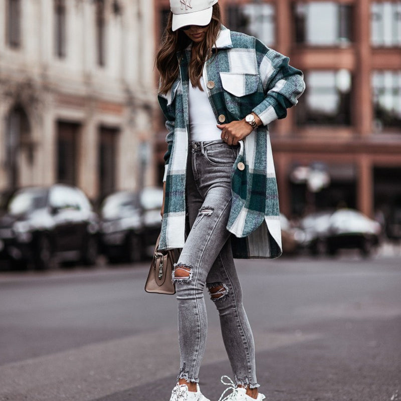 Manteau en Laine Décontracté à Carreaux