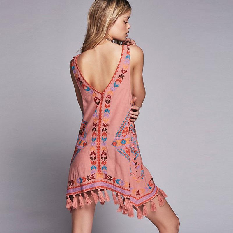 Robe de Plage Brodée sans Manches à Franges