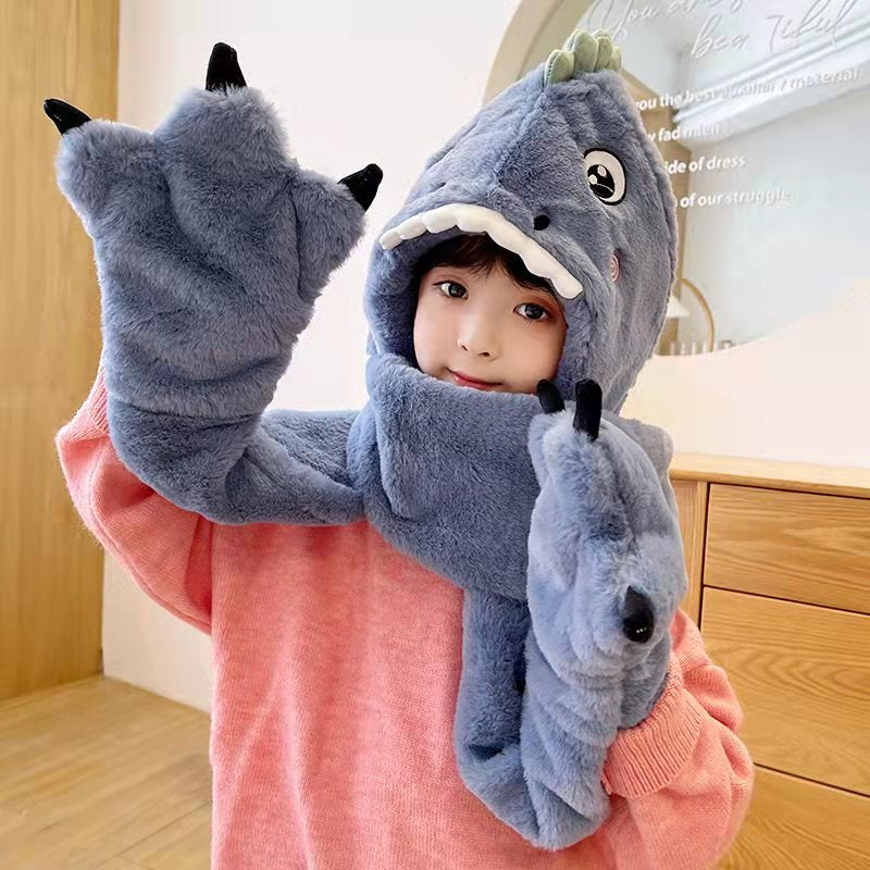 Enfant en bas âge enfants dessin animé dinosaure polaire en peluche chapeau gants écharpe 3 en 1 ensemble