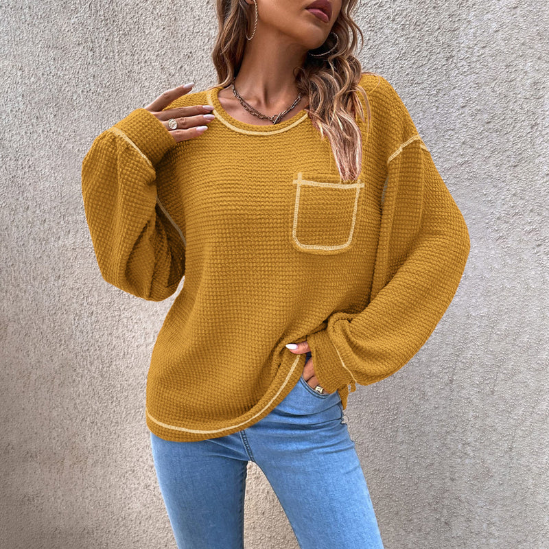Gaufre Femme Tricot Tunique Tops Chemise à Manches Longues