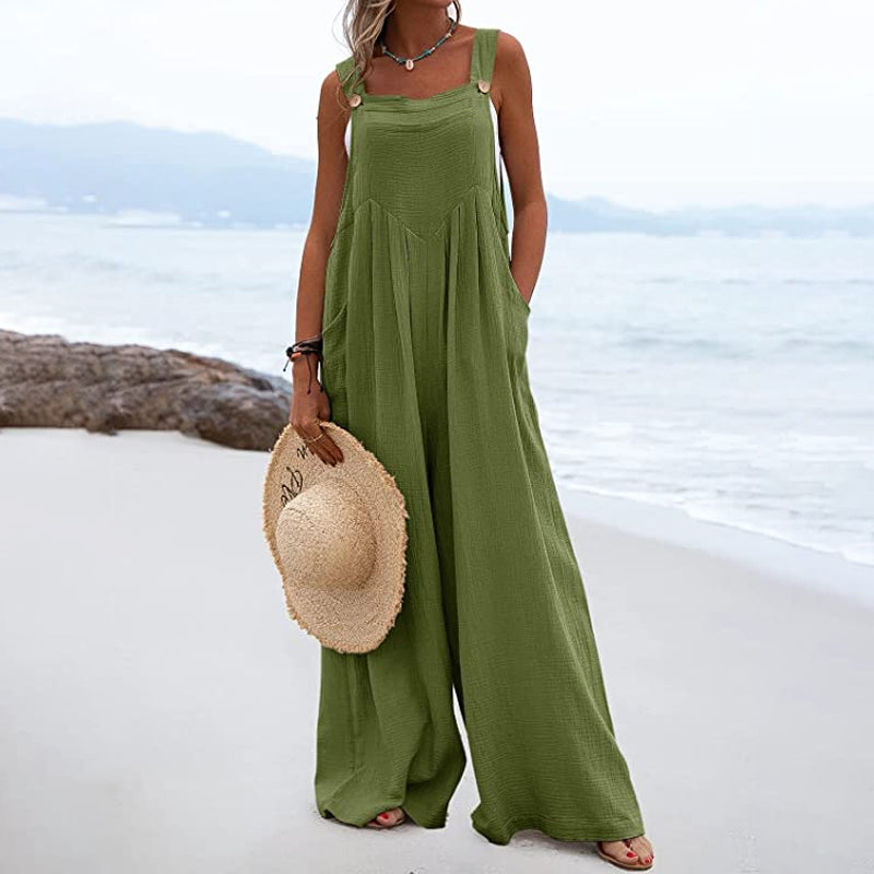 Combinaison unie jambes larges et boutons