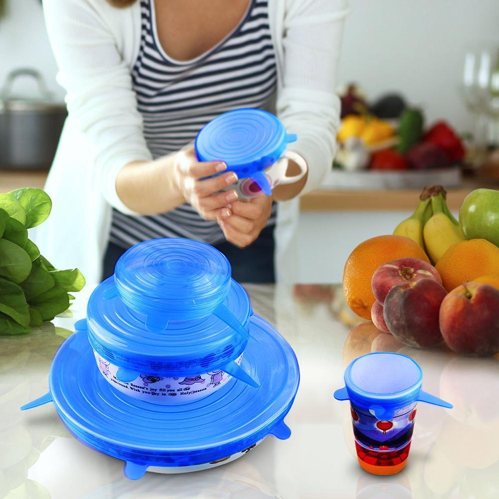 6-Pieces Bleu Couvercles De Bol Silicone