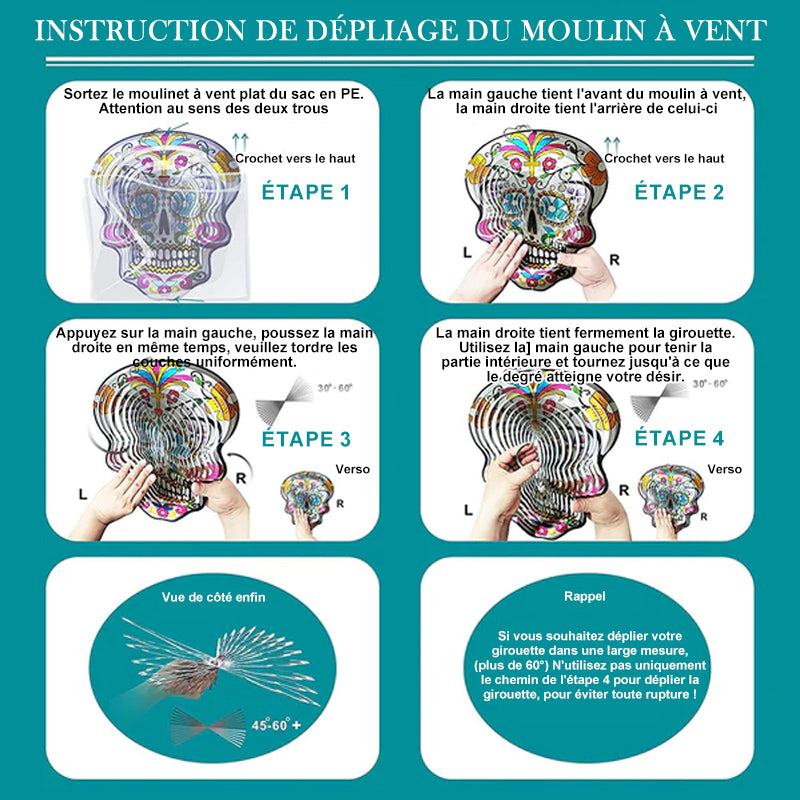 Ornement de crâne 3D carillon éolien en métal