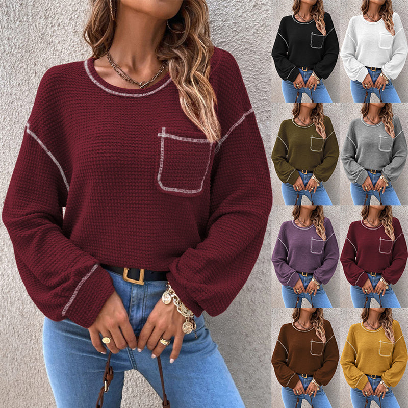 Gaufre Femme Tricot Tunique Tops Chemise à Manches Longues