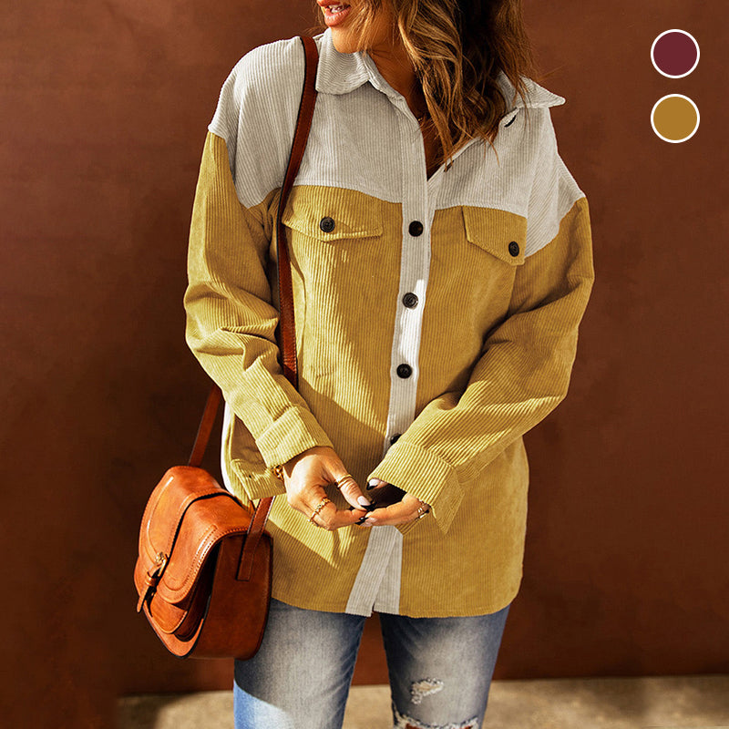Veste de chemise décontractée à revers lâche colorblock pour dames