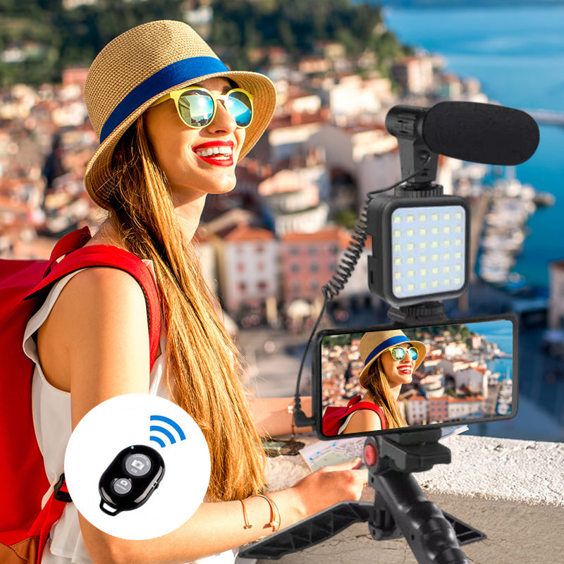 Kit de microphone vidéo professionnel avec trépied et lumière LED