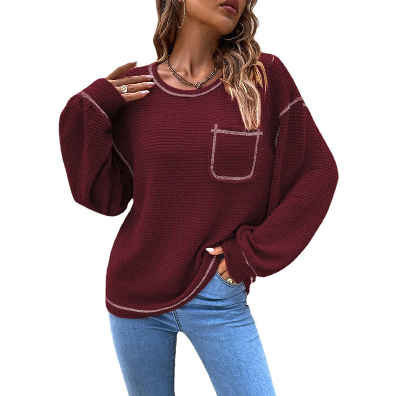 Gaufre Femme Tricot Tunique Tops Chemise à Manches Longues
