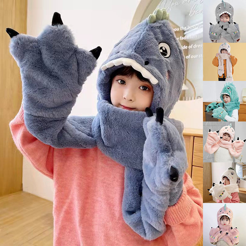 Enfant en bas âge enfants dessin animé dinosaure polaire en peluche chapeau gants écharpe 3 en 1 ensemble