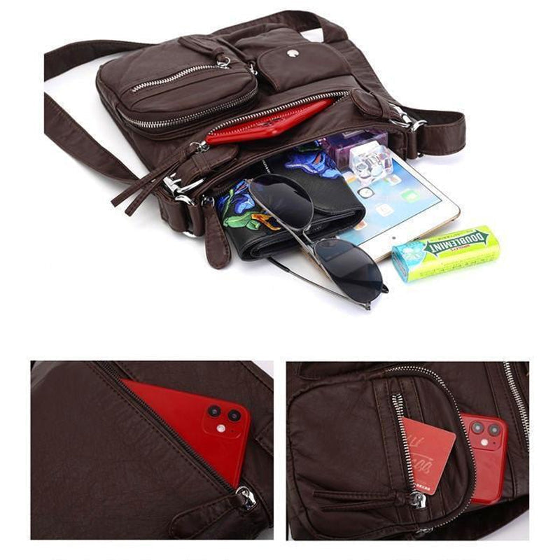 Sac à bandoulière en cuir souple avec plusieurs poches