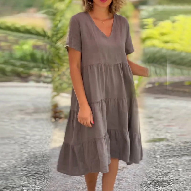 Robe unie en coton lin avec décolleté en V