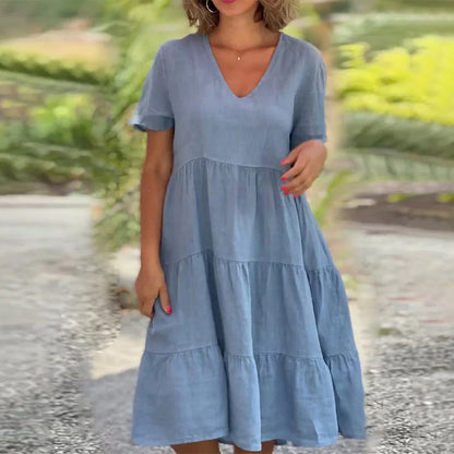 Robe unie en coton lin avec décolleté en V