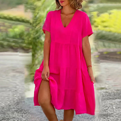 Robe unie en coton lin avec décolleté en V