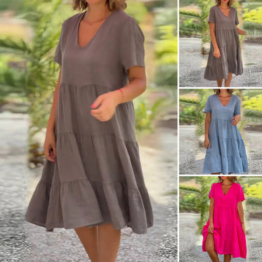 Robe unie en coton lin avec décolleté en V