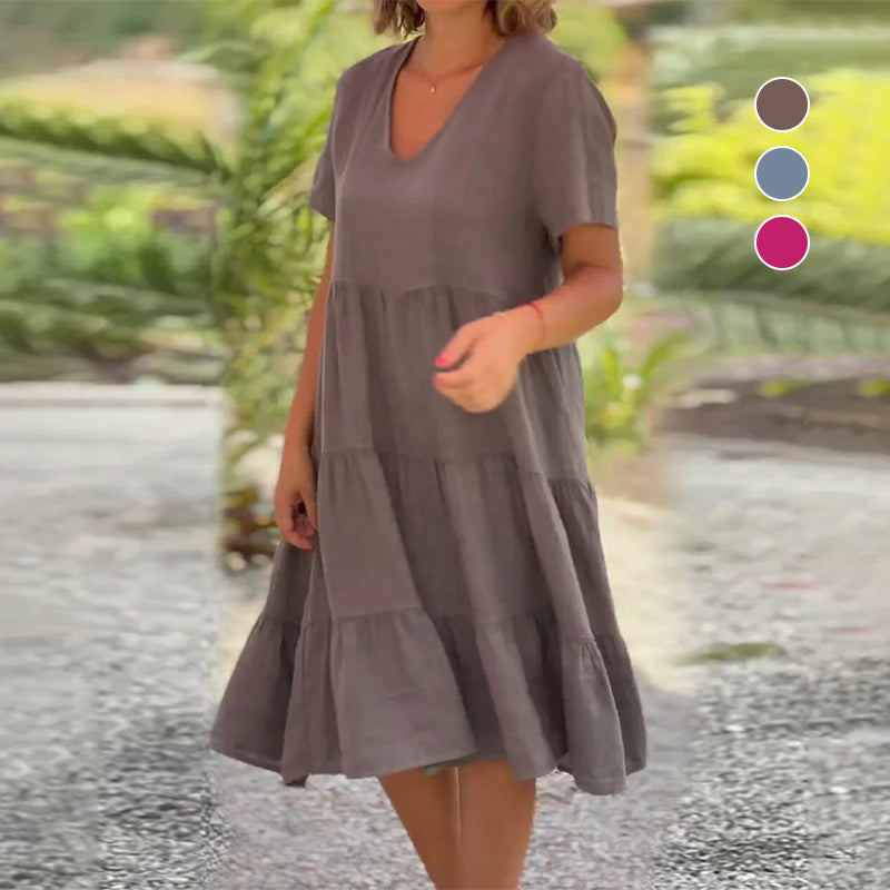 Robe unie en coton lin avec décolleté en V