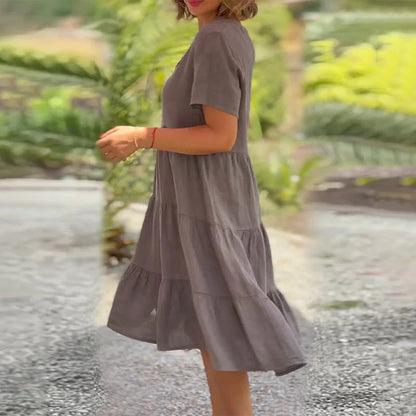 Robe unie en coton lin avec décolleté en V