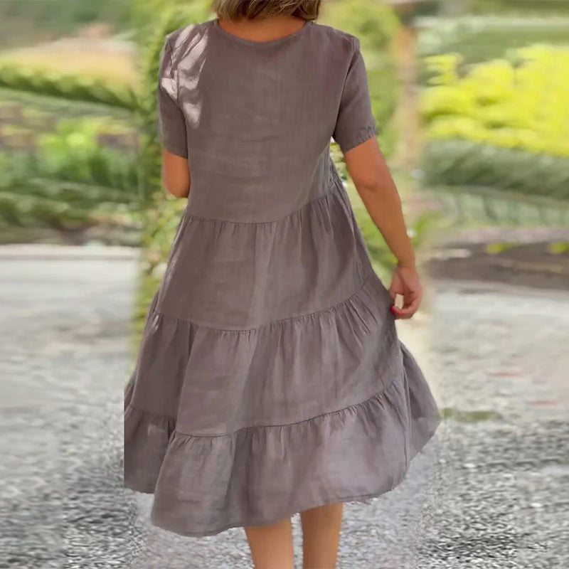 Robe unie en coton lin avec décolleté en V