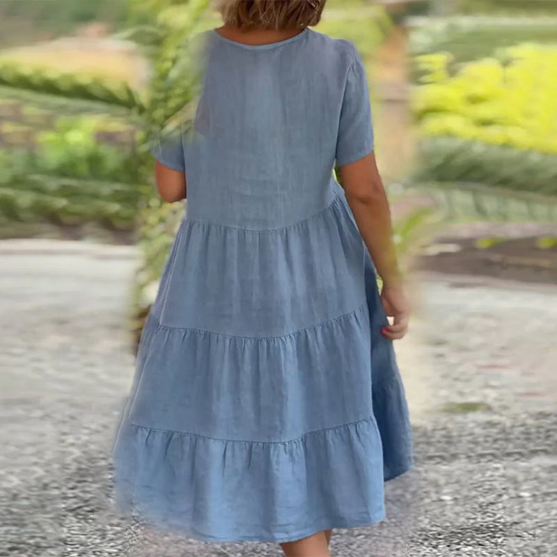 Robe unie en coton lin avec décolleté en V