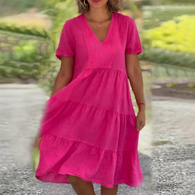 Robe unie en coton lin avec décolleté en V