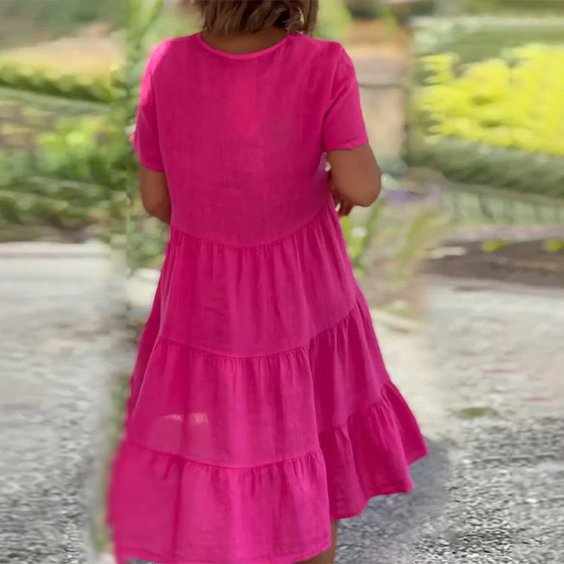 Robe unie en coton lin avec décolleté en V