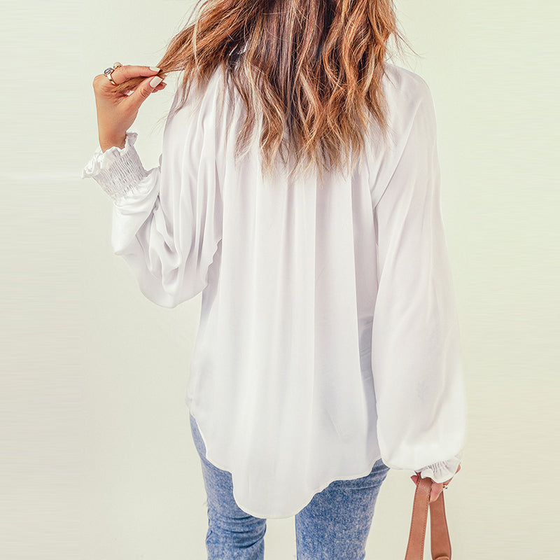 Chemise Décontractée en Mousseline de Soie à Manches Longues et à Col en V
