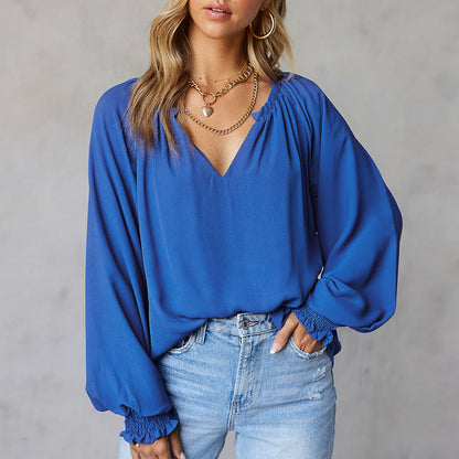 Chemise Décontractée en Mousseline de Soie à Manches Longues et à Col en V