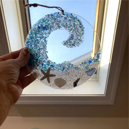 Suncatcher en verre de mer - Ornement de plage de vague de crash d’océan