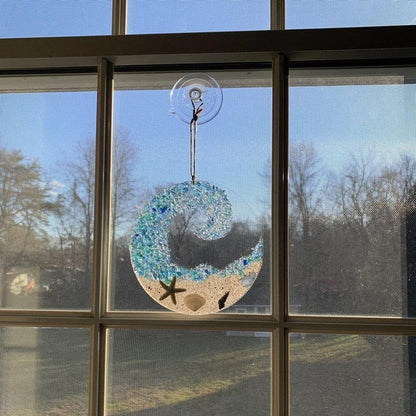 Suncatcher en verre de mer - Ornement de plage de vague de crash d’océan