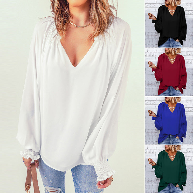 Chemise Décontractée en Mousseline de Soie à Manches Longues et à Col en V