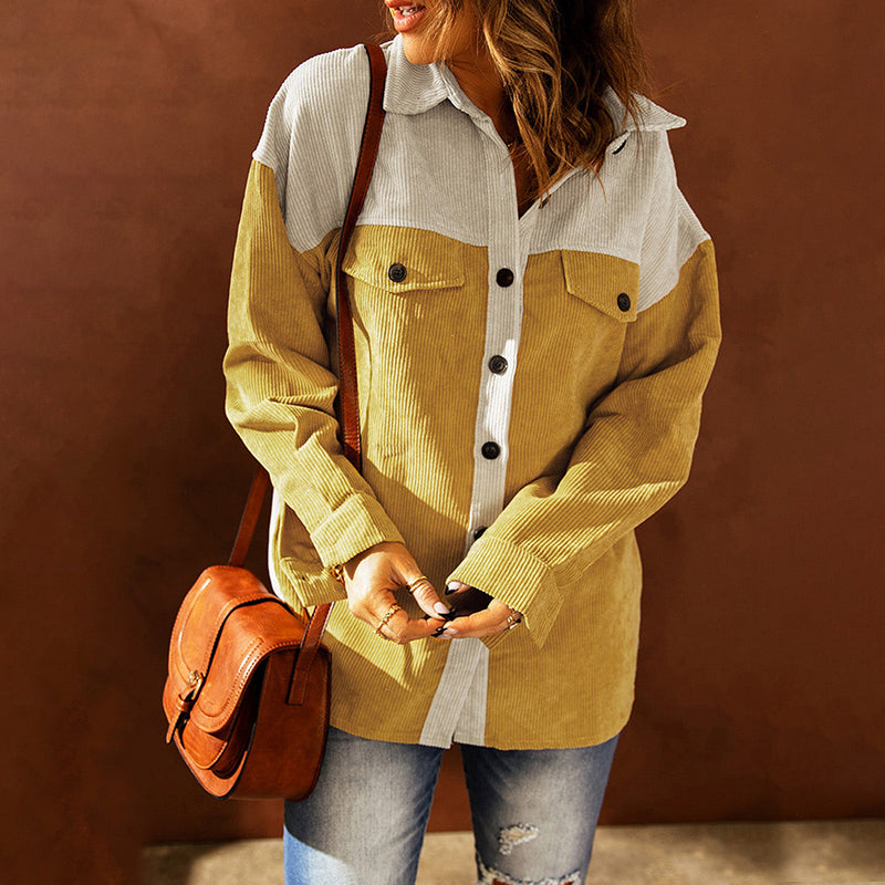 Veste de chemise décontractée à revers lâche colorblock pour dames
