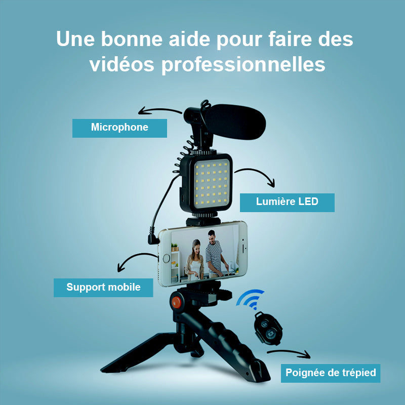 Kit de microphone vidéo professionnel avec trépied et lumière LED