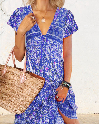 Robe manches courtes col V imprimée
