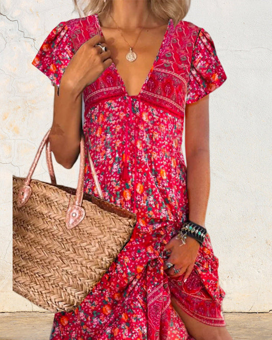 Robe manches courtes col V imprimée