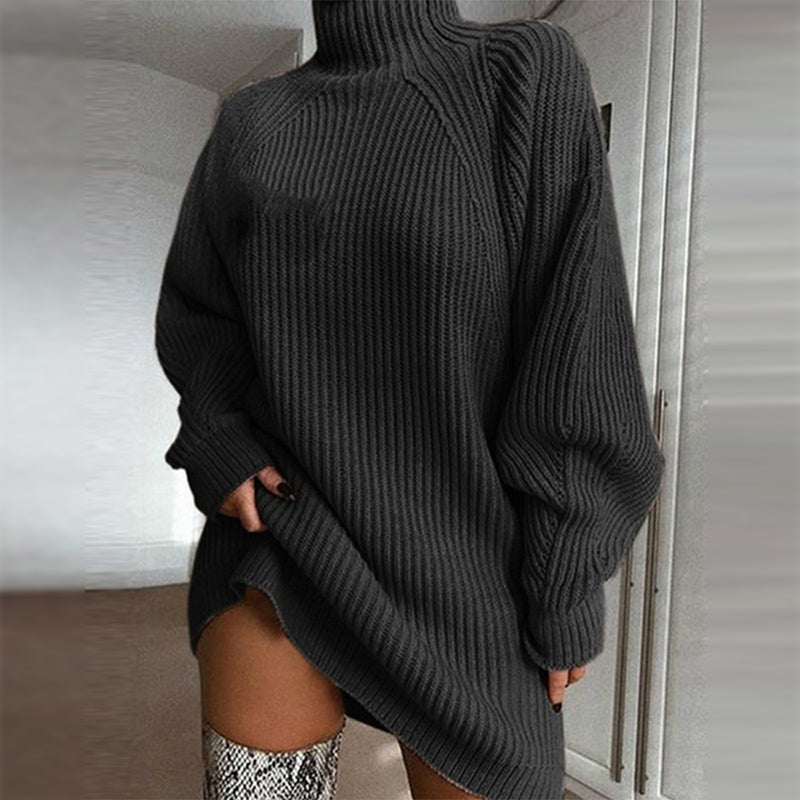 Robe Pull en Coton à Col Roulé et Manches Raglan