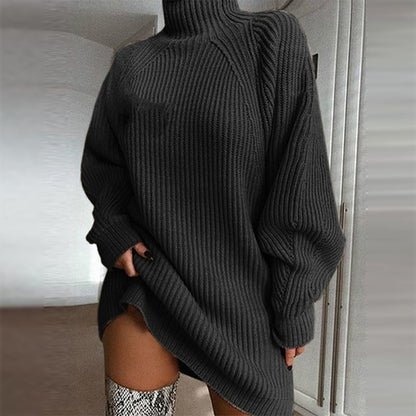 Robe Pull en Coton à Col Roulé et Manches Raglan