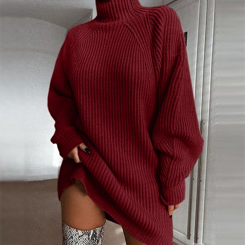 Robe Pull en Coton à Col Roulé et Manches Raglan