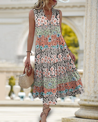 Robe mi-longue sans manches à imprimé floral