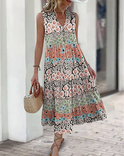 Robe mi-longue sans manches à imprimé floral