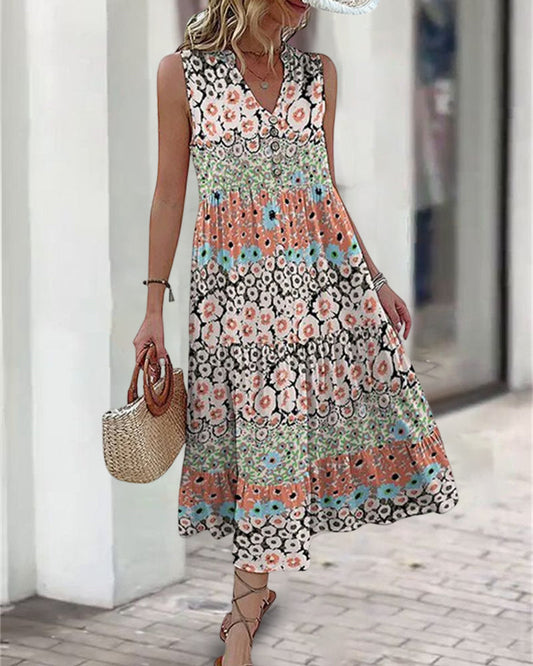 Robe mi-longue sans manches à imprimé floral